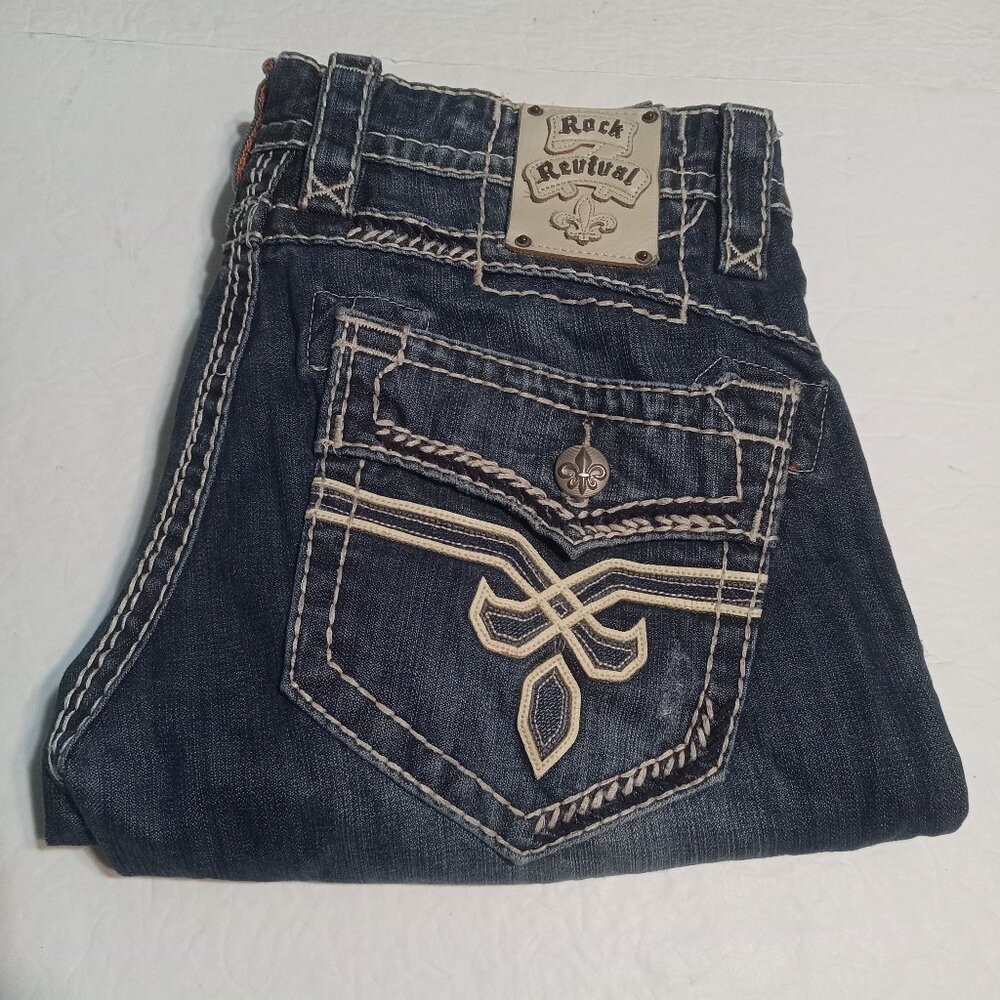 Rock Revival Men's Shane Boot Distressed Jeans Size 33 E8744B2R